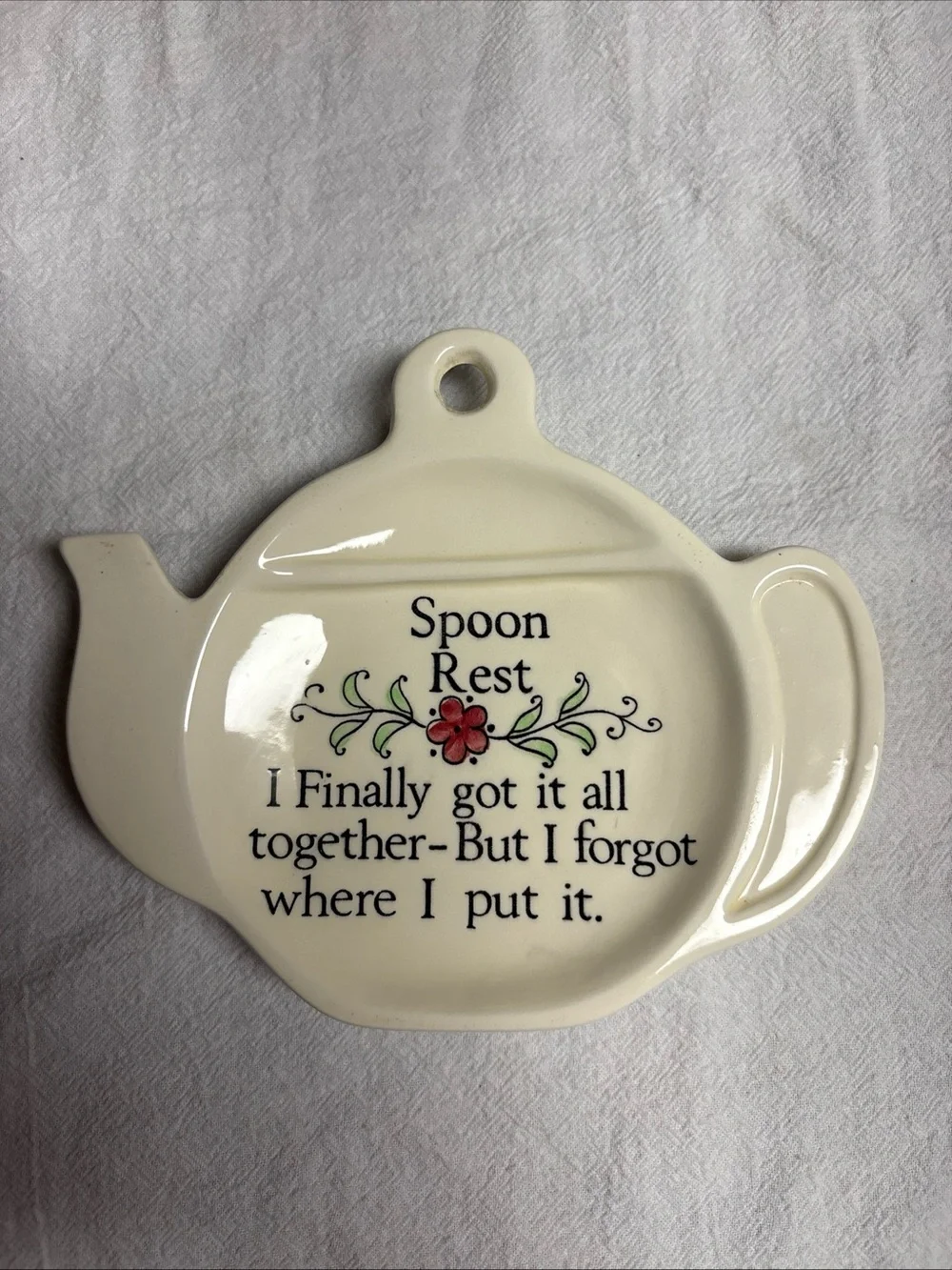 Cream Teapot Spoon Rest with Floral Accent